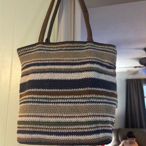 Elegant Striped Tote Bag - Blue, Green, Brown
